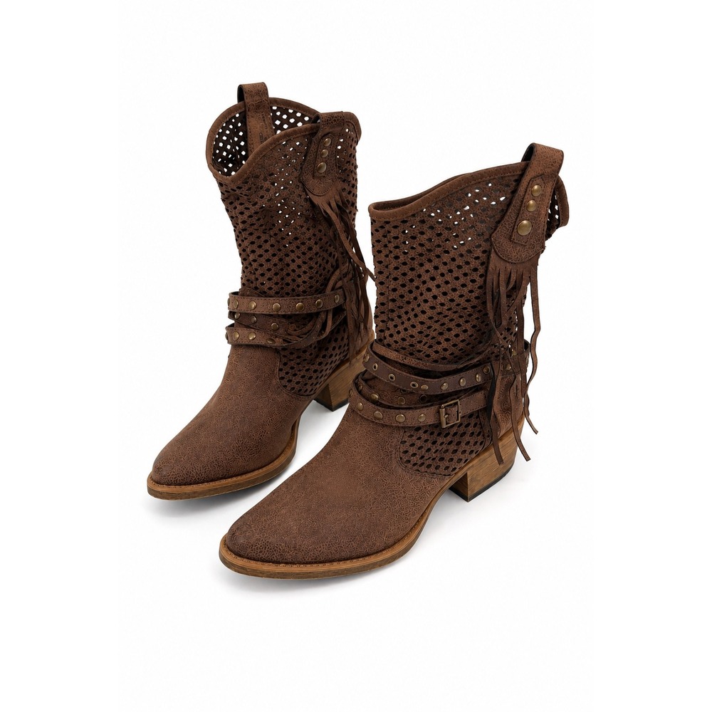 Coconuts by Matisse Lasso Ankle Boots Brown Perforated Fringe Studded 10